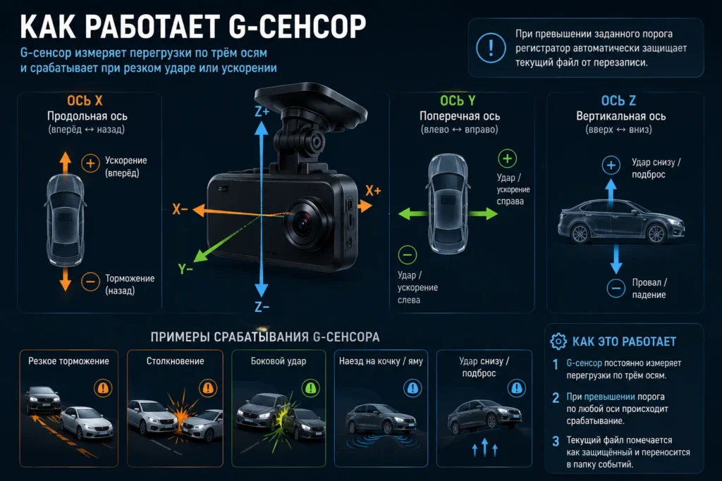Как работает G-сенсор — три оси X/Y/Z и направление перегрузок.