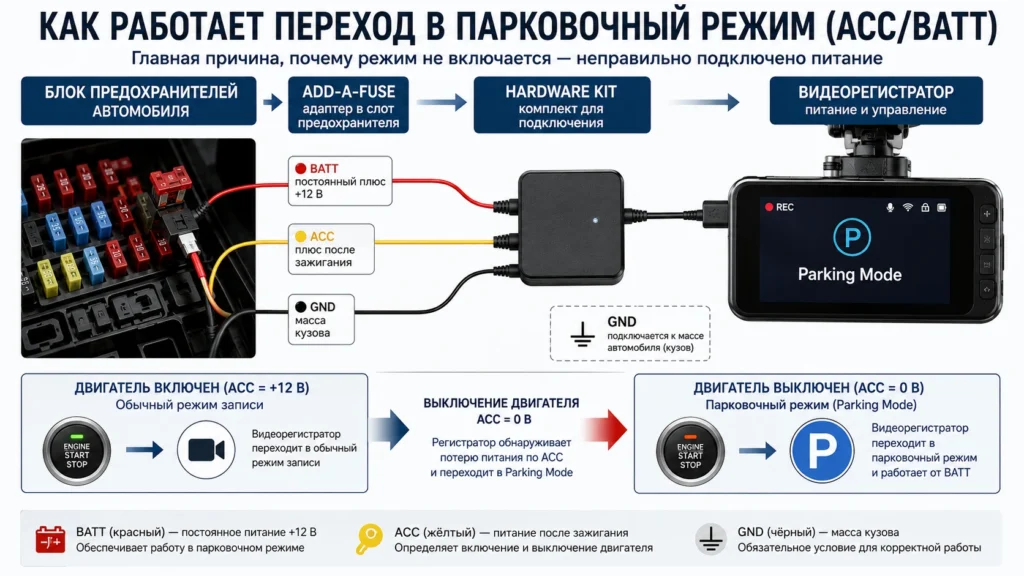 Как работает переход в парковочный режим (ACC/BATT)