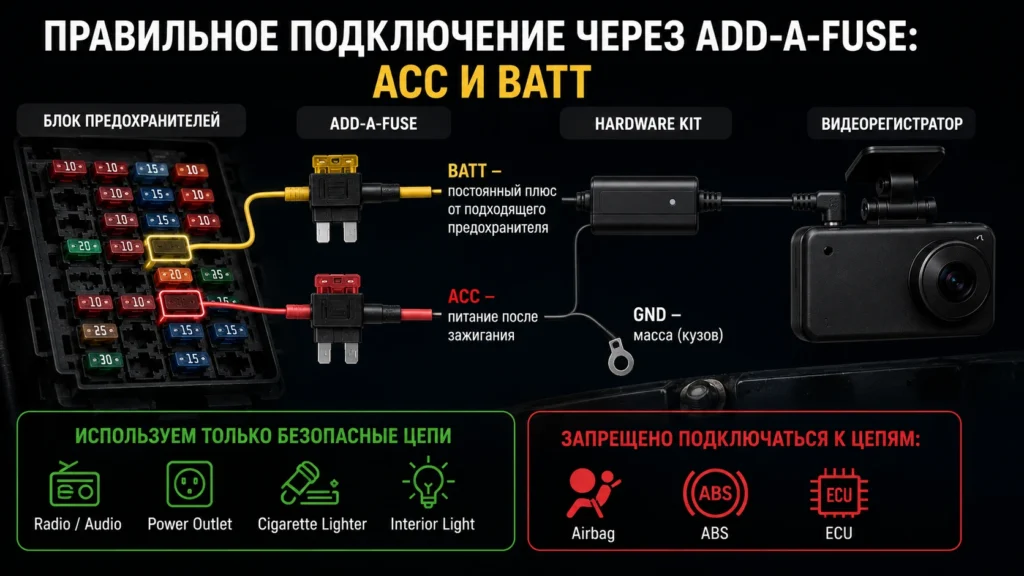 Правильное подключение через Add-a-Fuse: ACC и BATT