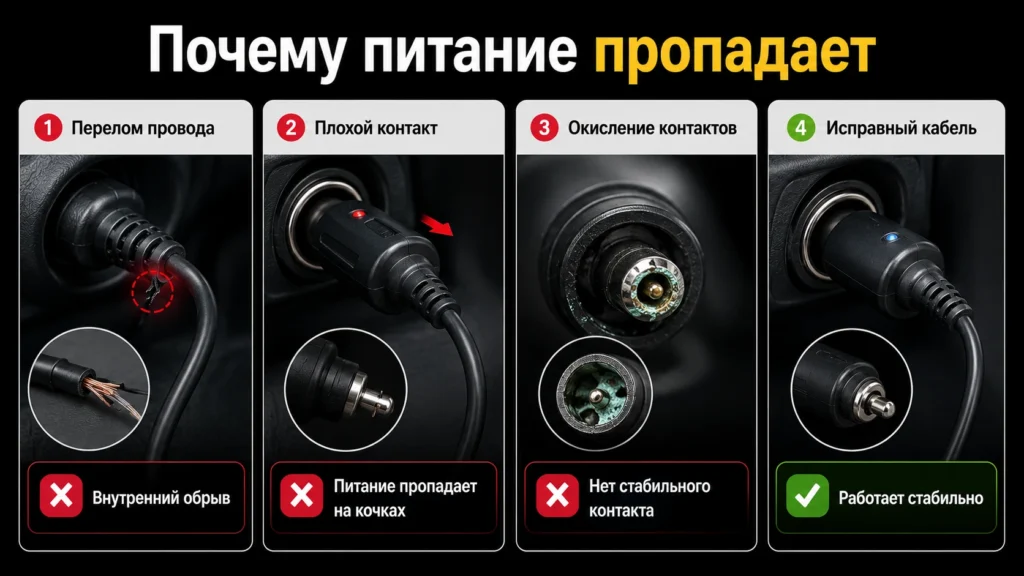 Повреждённый кабель питания видеорегистратора