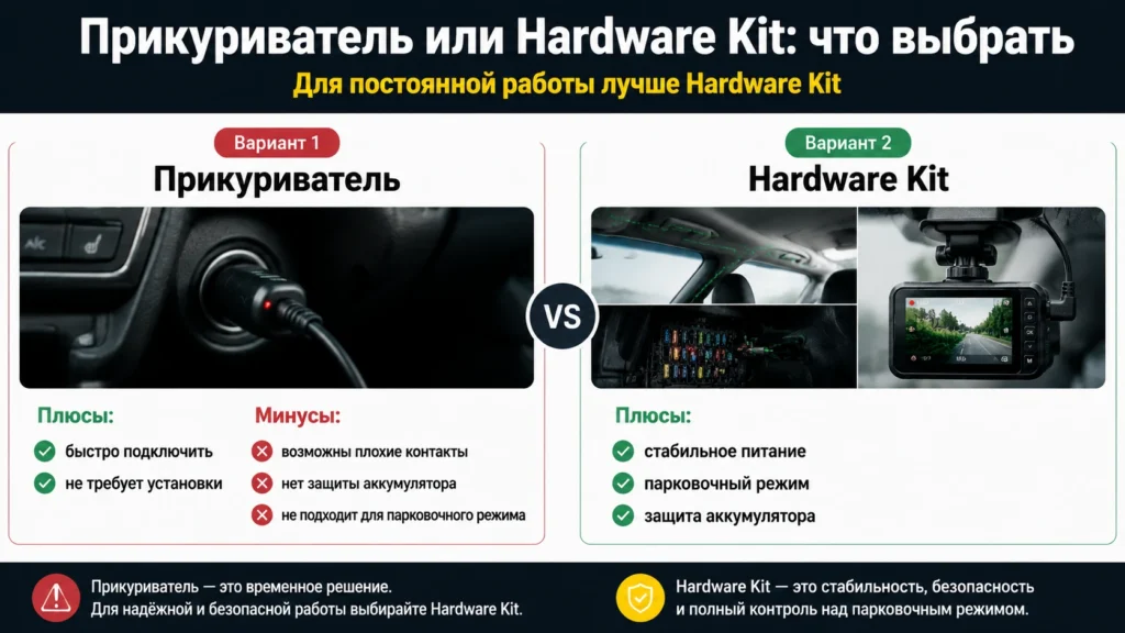 Подключение видеорегистратора через прикуриватель и Hardware Kit